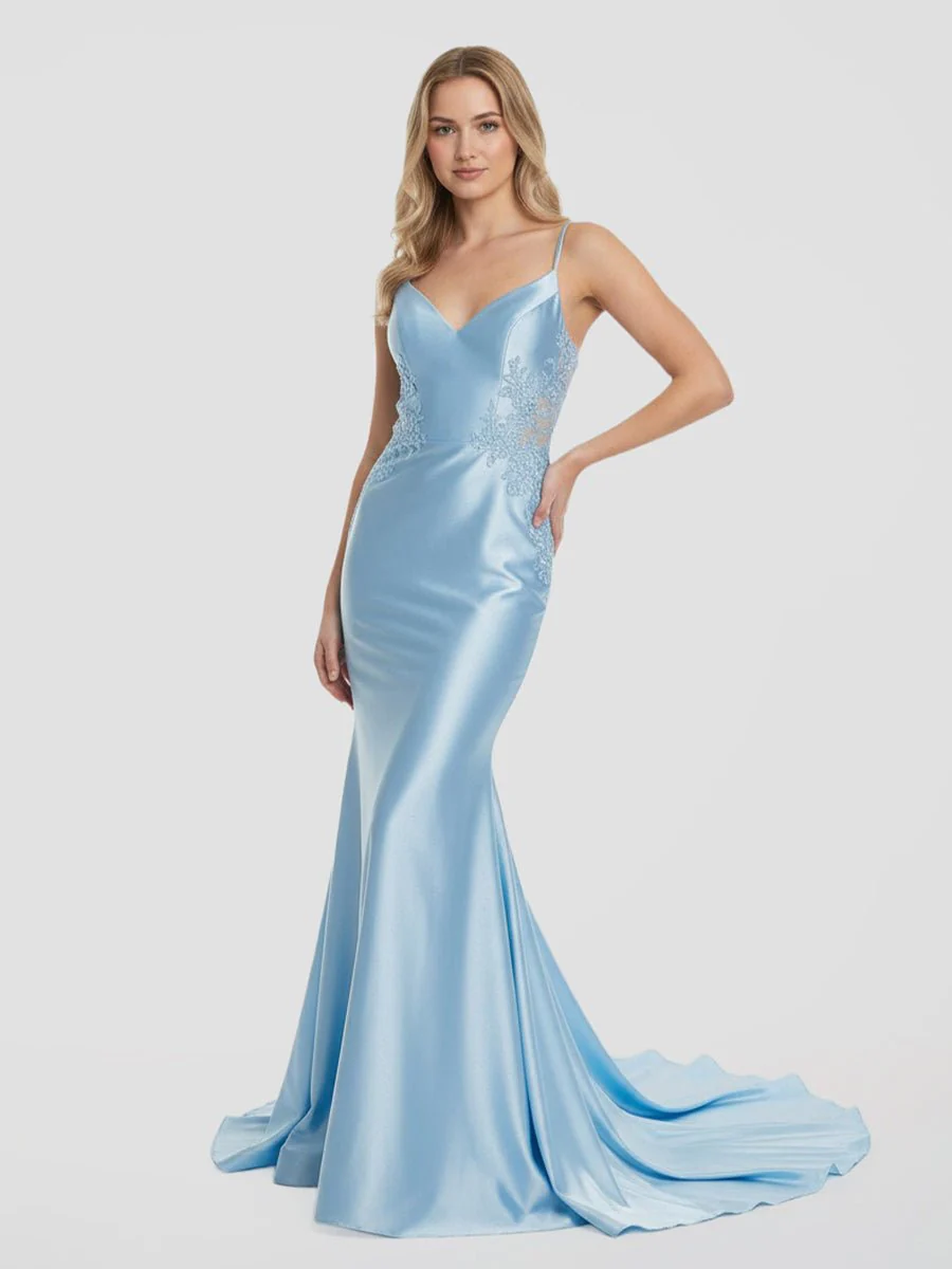 Spaghetti Straps Light Blue Appliques Mermaid Prom Dress