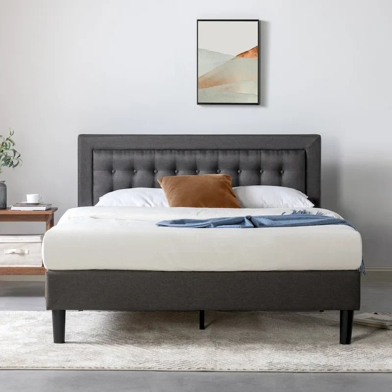 Dark Grey Button Tufted Upholstered Platform Bed Frame - Cal King