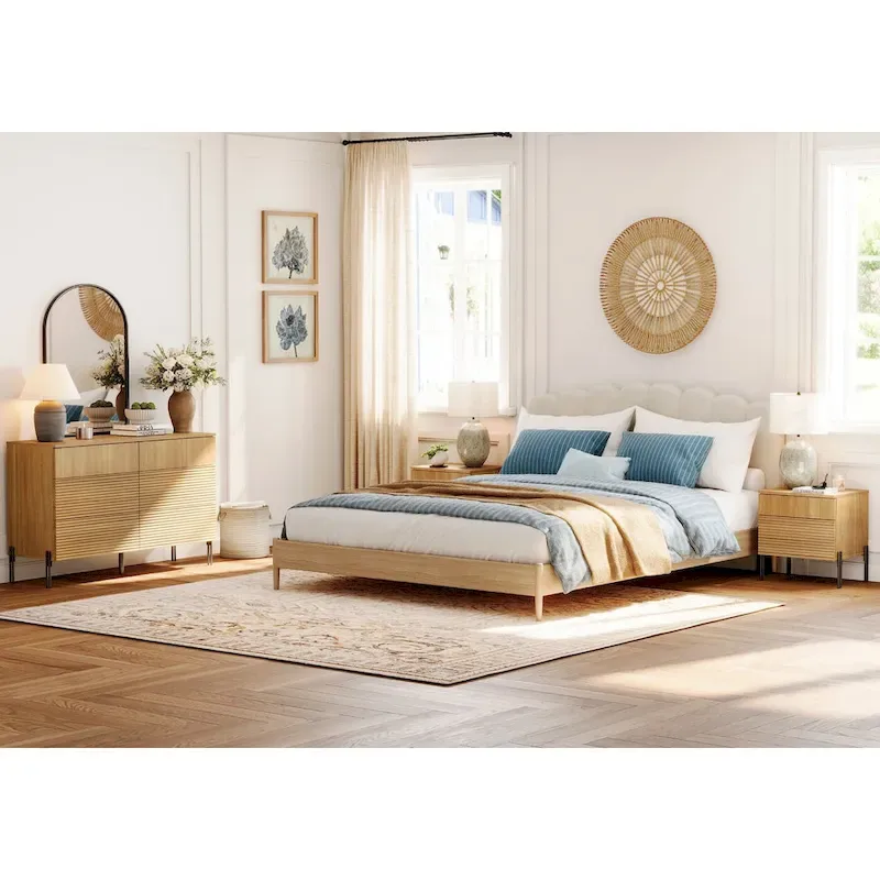 Modern Bedroom Set, 47 Fluted Dresser with 6 Drawers & 2 Nightstands with Charging Station, Oak