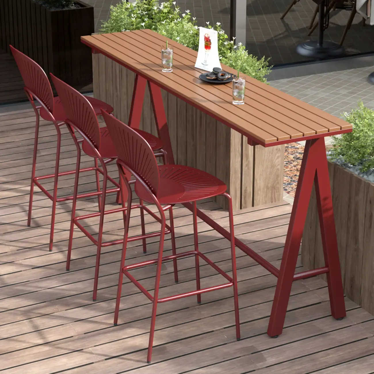 Green Metal Foot Support Wood Slat Outdoor Bar Tables