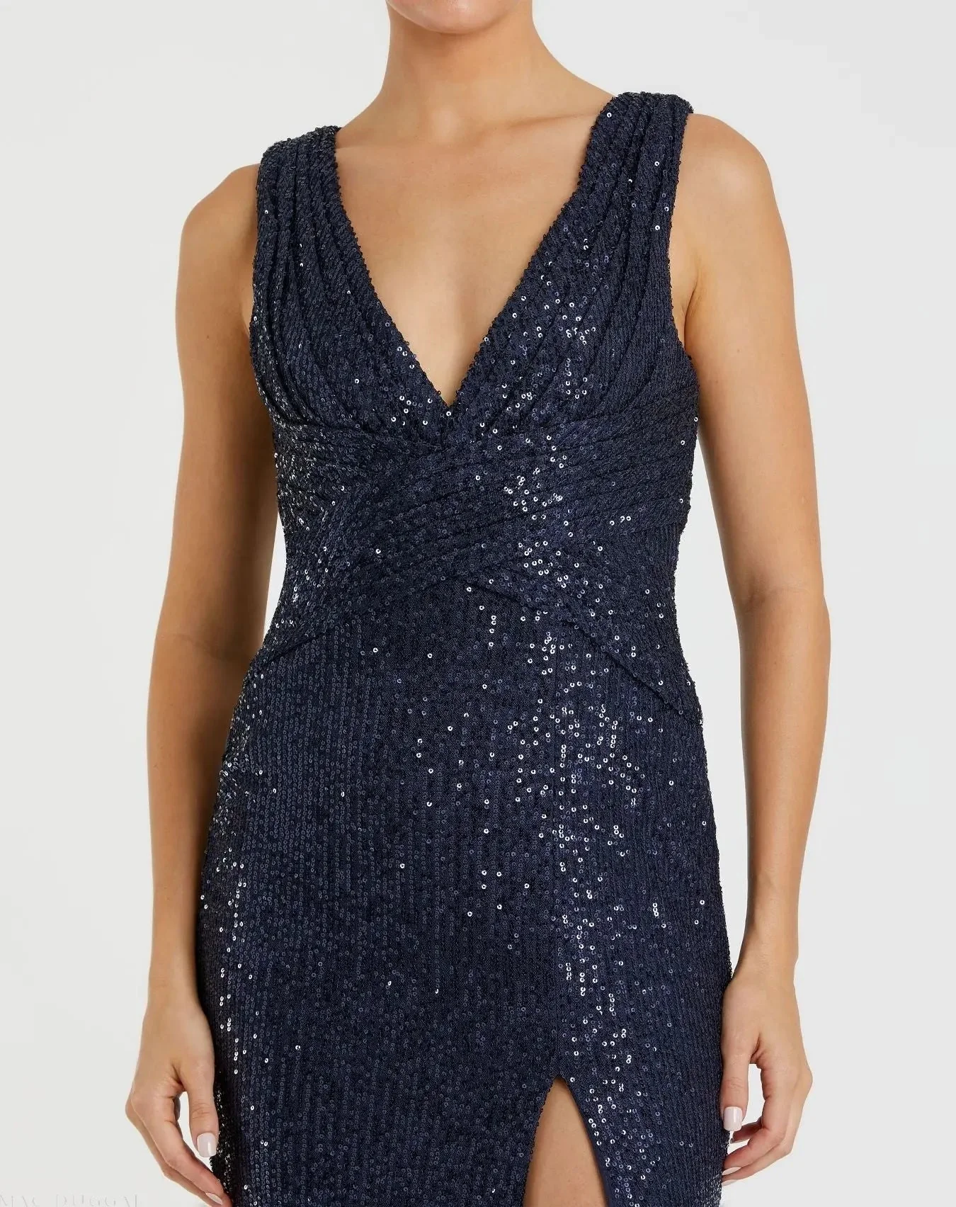 Navy V-Neck Sequin Wrap Waist Gown