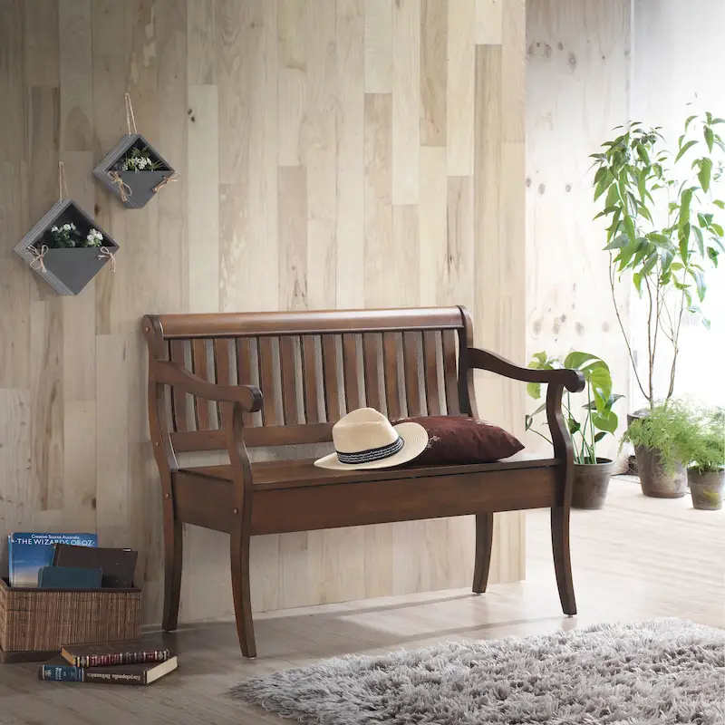 Elm / Antique Black 2-Seat Slatted-Back Storage Bench