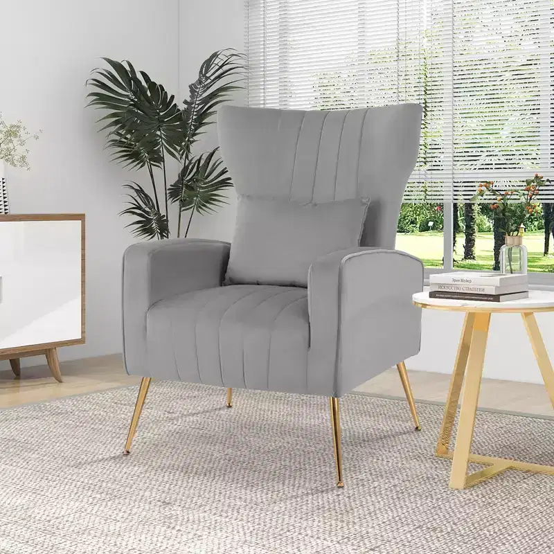 Costway Velvet Upholstered Wingback Chair with Lumbar Pillow & Golden Metal Legs Grey/Pink/Turquoise/White