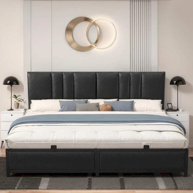 Platform Bed Frame with Ajustable Upholstered Headboard, Bed with USB Port and Charge Station
