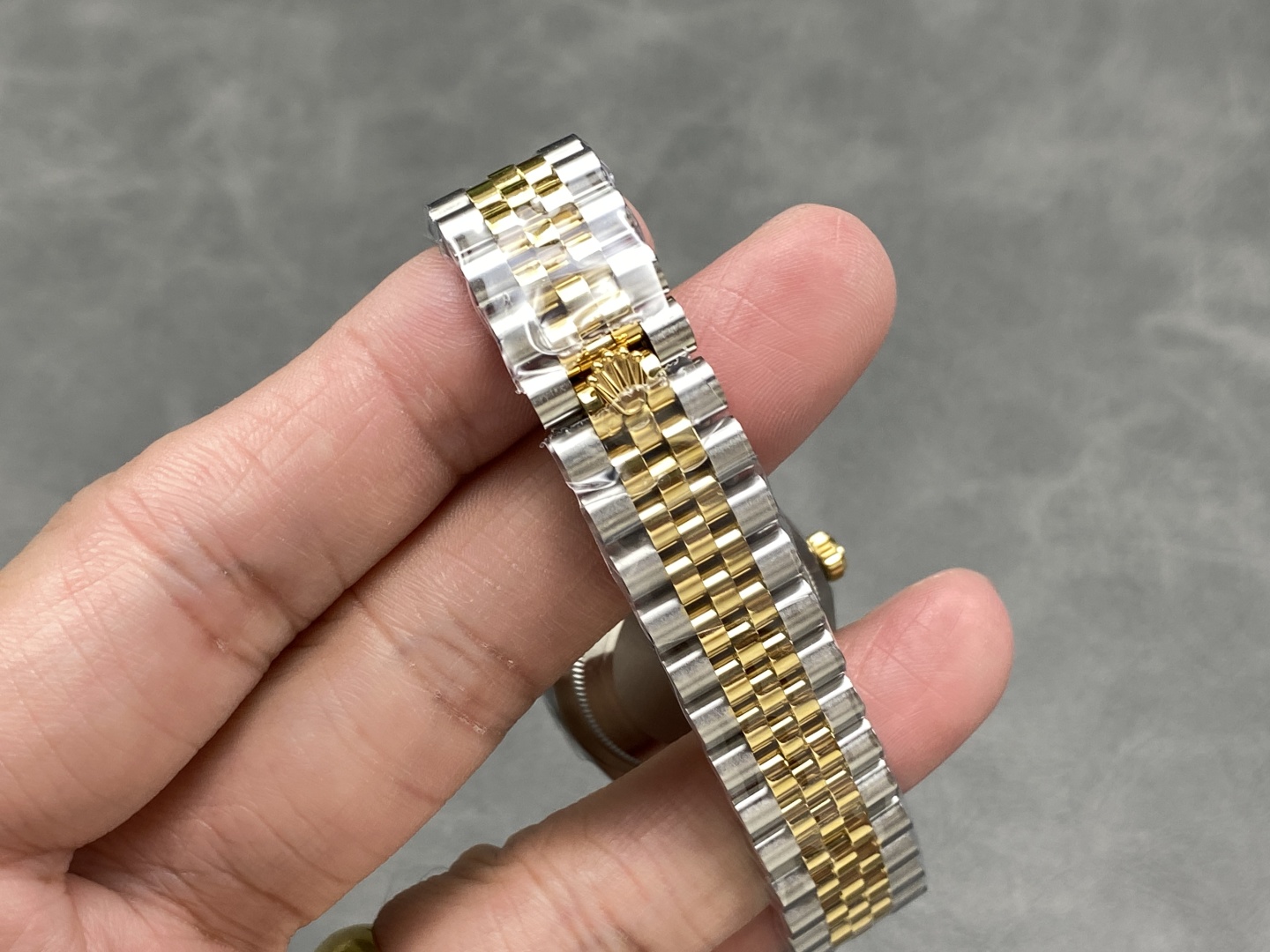 Two-tone Jubilee bracelet replica rolex with crown clasp detail