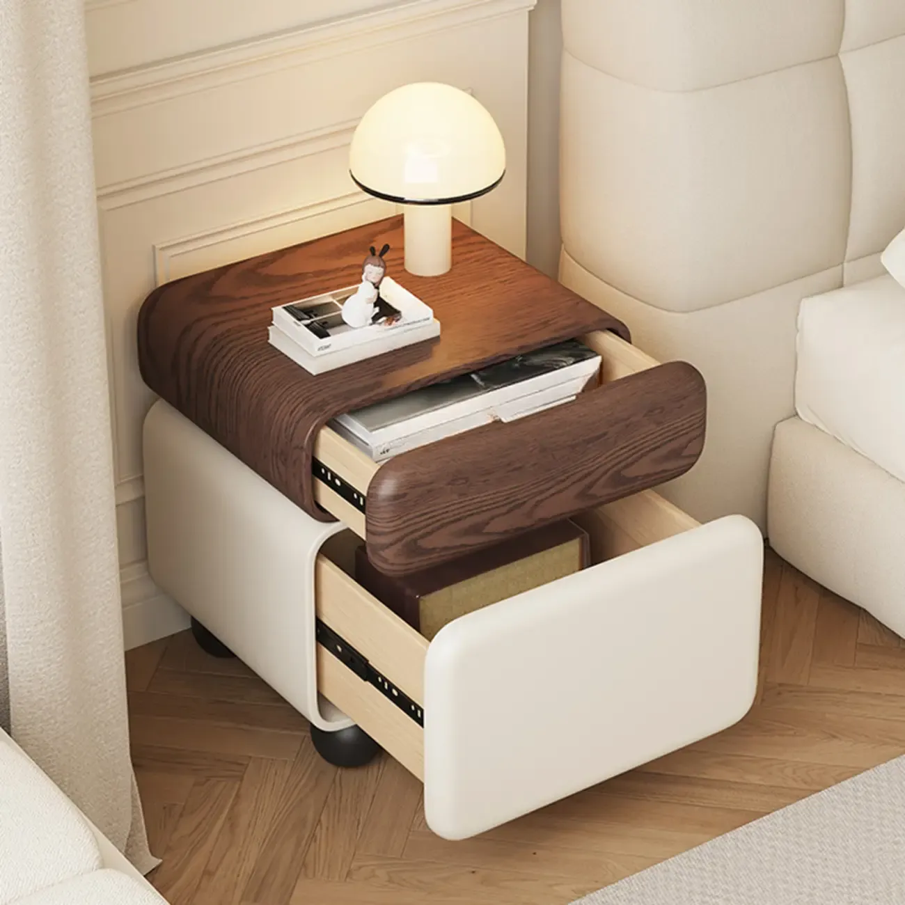 Modern Faux Leather Wood Nightstand Storage
