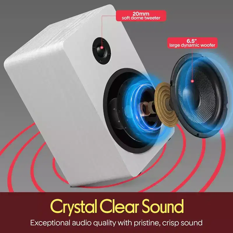 Pyle PSMSP6WH 6.5 Home Theater Wooden Bookshelf Speakers  2-Way HiFi Sound with Built-in Wall Mount Bracket (White)