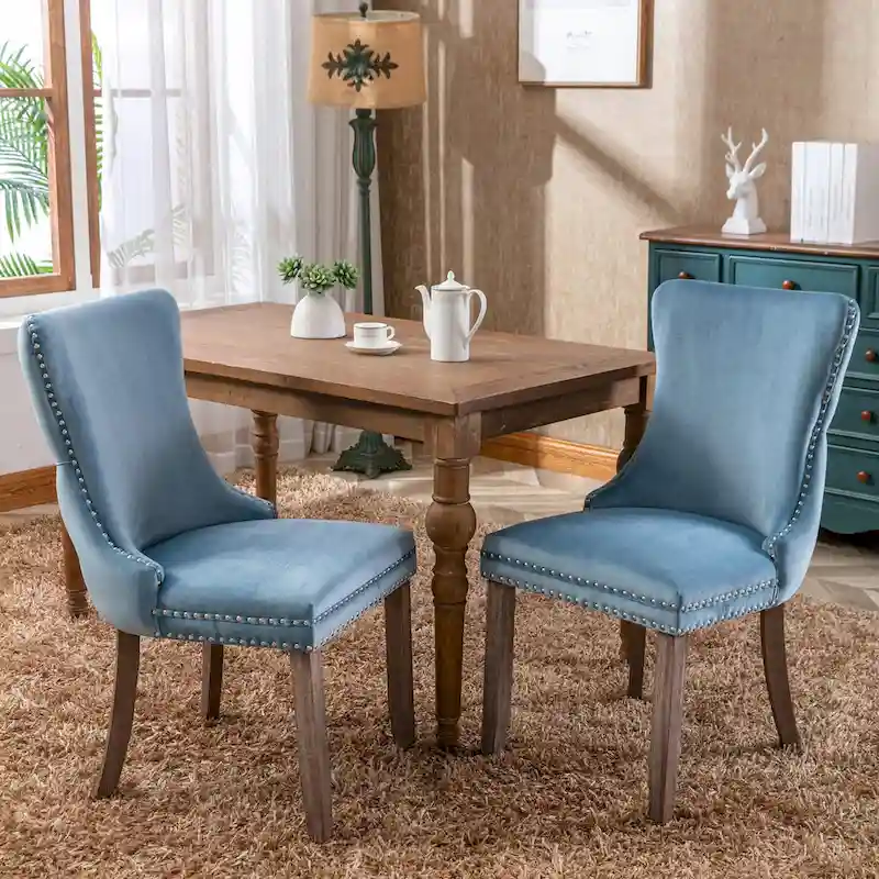 Blue / Black / Gold / Beige / Grey / Light Blue Velvet Wing-Back Dining Chair with Nailhead Trim – Single