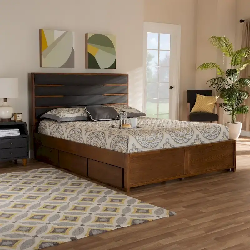 Dark Grey & Walnut Modern Platform Storage Bed with Upholstered Headboard & 6 Drawers, Queen / King, 2-Person