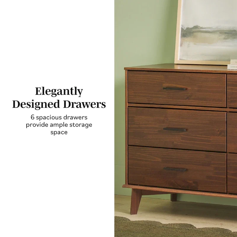 Caramel / Walnut 6-Drawer Solid Wood Dresser with Metal Handles, 1-Person