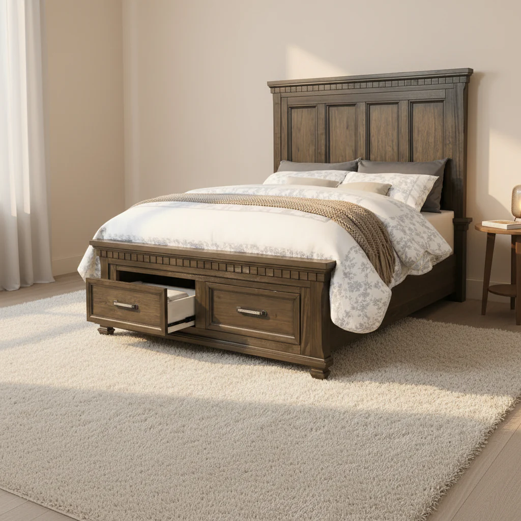 Ziv Classic Wood Queen Size Bed with Storage Drawers, Metal Handles, Brown