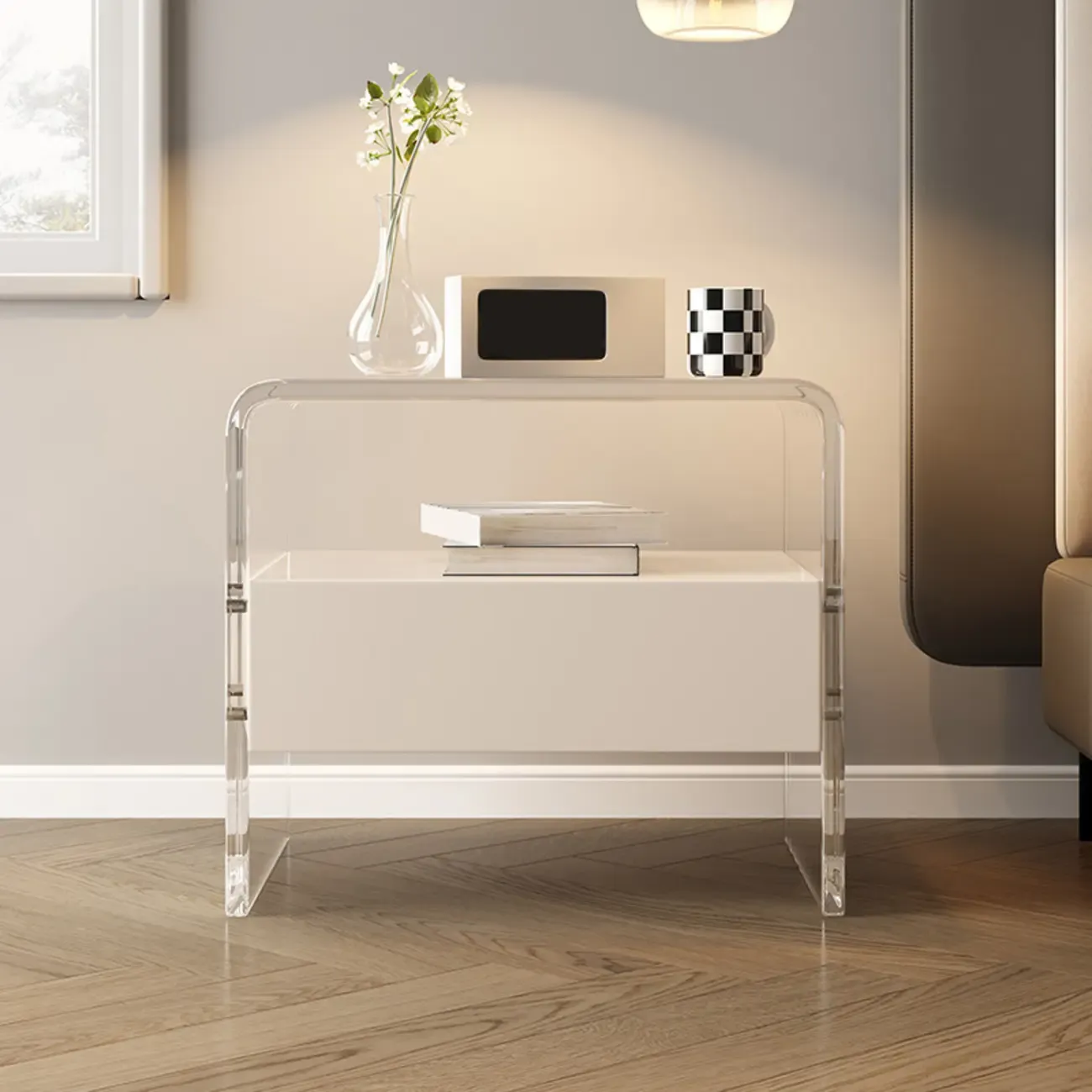 Clear White Acrylic Frame Drawer Storage Nightstand