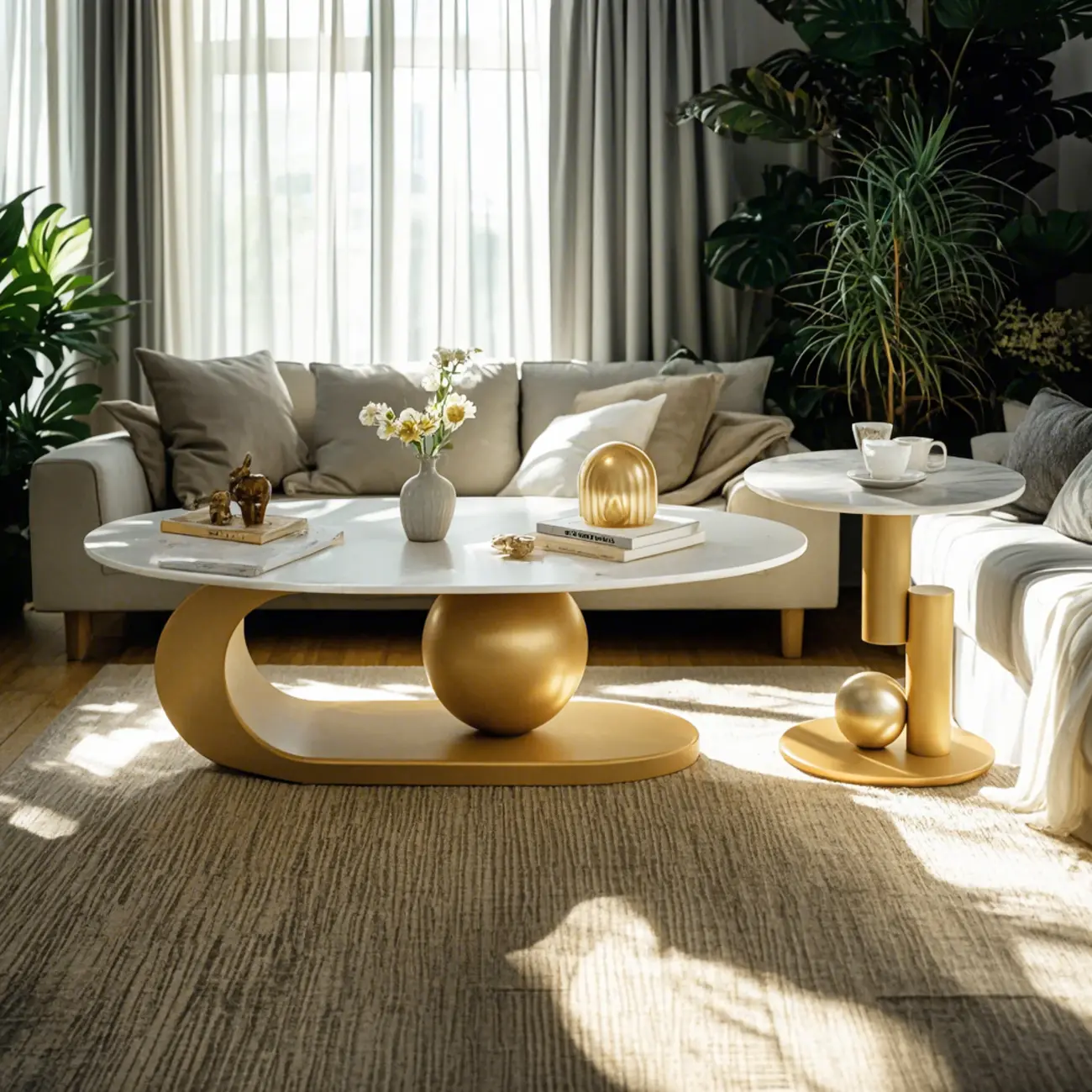 Modern Metal White Stone Oval Coffee Table for Home