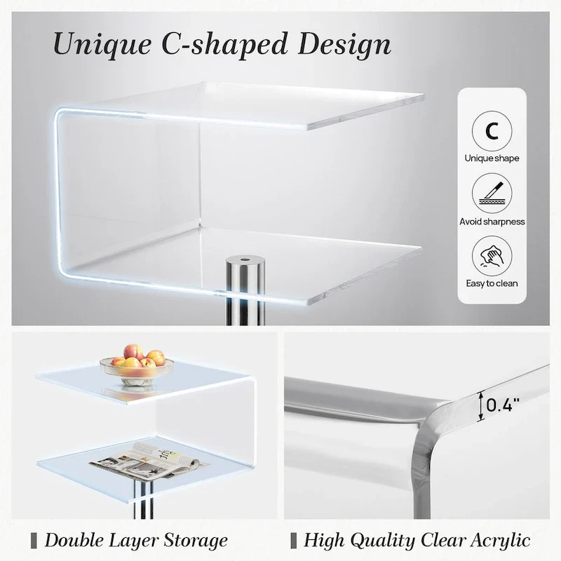 C-Shaped Double-Layer Acrylic Side Table, 23.6H x 15.8W x 15.8L Inches