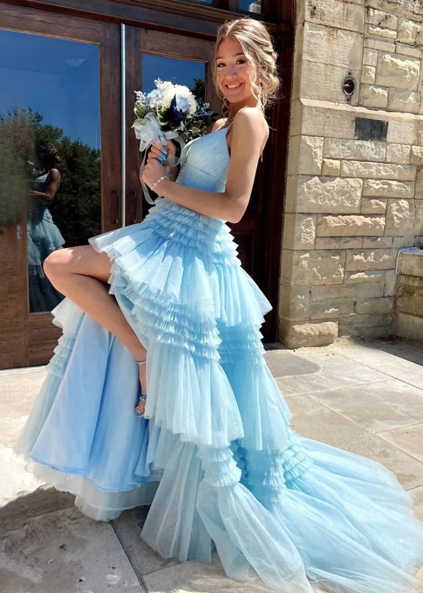 A-Line Spaghetti Straps Long Tiered Tulle Prom Dress With Split