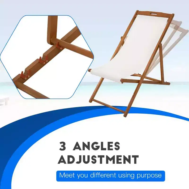 FDW Beach Sling Patio Chair for Relaxing, Foldable with Adjustable Height Made from Eucalyptus Wood with White Polyester,Natural