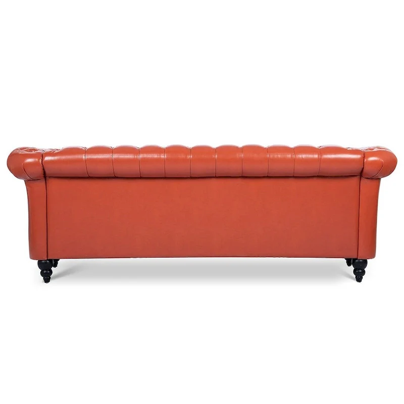 Tufted Sofa - Faux Leather, Rolled Arms Design, Seats 3