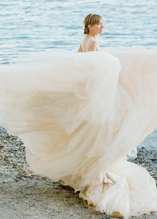 Illusion Lace V-Neck Appliqued Sleeveless V-Back Tulle Wedding Dress