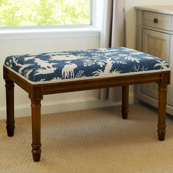 Blue Printed Linen Upholstered Bench with Wood Frame