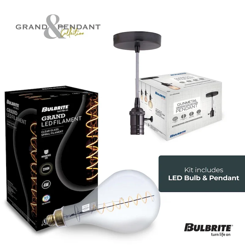 Bulbrite LED Grand Bulb and Pendant Kit of (1) 4 Watt Clear Glass 13  Pear Shaped Bulb