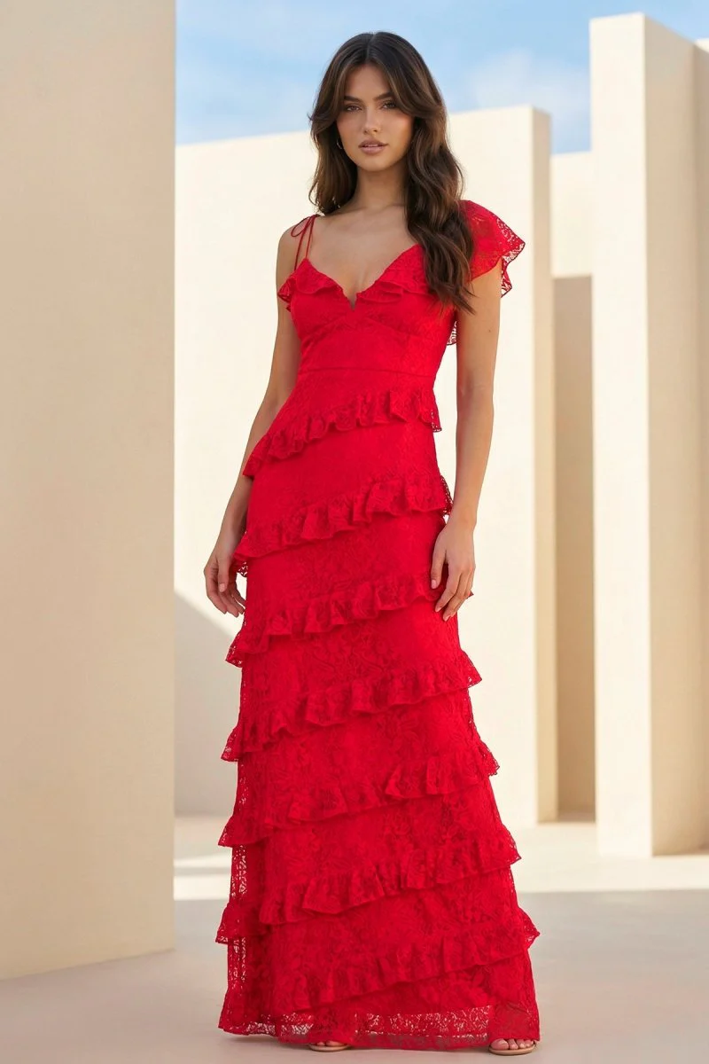 Red Sheath V Neck Lace Long Prom Dresses With Ruffles