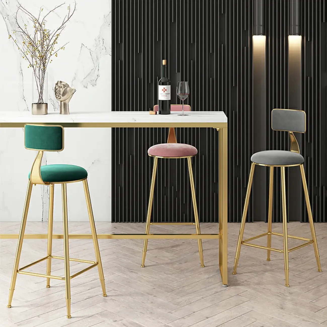 Glam White Marble Gold Iron Trestle Footrest Bar Tables