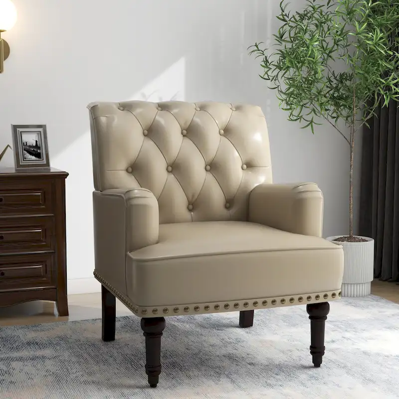 Button-Tufted PU Leather Accent Chair with Nailhead Trim – Beige / Brown / Black, Carved Legs, Seats 1