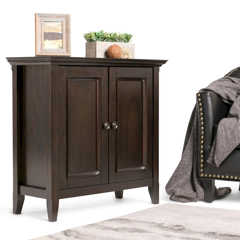 Solid Wood Low Storage Cabinet – Dark Brown / Distressed Grey / Hickory Brown, 32W×14D×31H