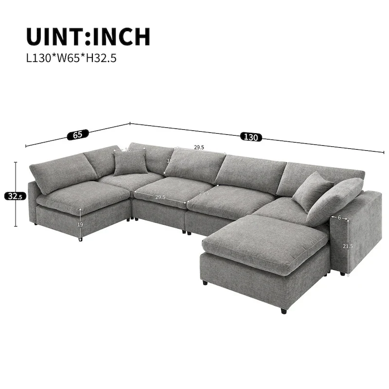 6 Seat Modern Modular Cloud Sofa Bed Chenille Sectional Couch Set with Ottoman