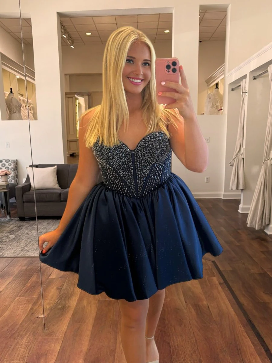 Navy Blue - Strapless Satin A Line Short Homecoming Dresses With Beading