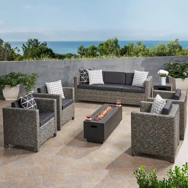 Hegseth Wicker/Iron 7-piece Chat Set with Fire Pit by Christopher Knight Home