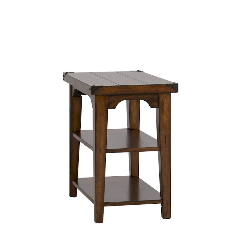 Russet Brown Chair Side Table Pine Wood 2 Open Shelves Metal Accents Planked Top Tapered Legs 16.25
