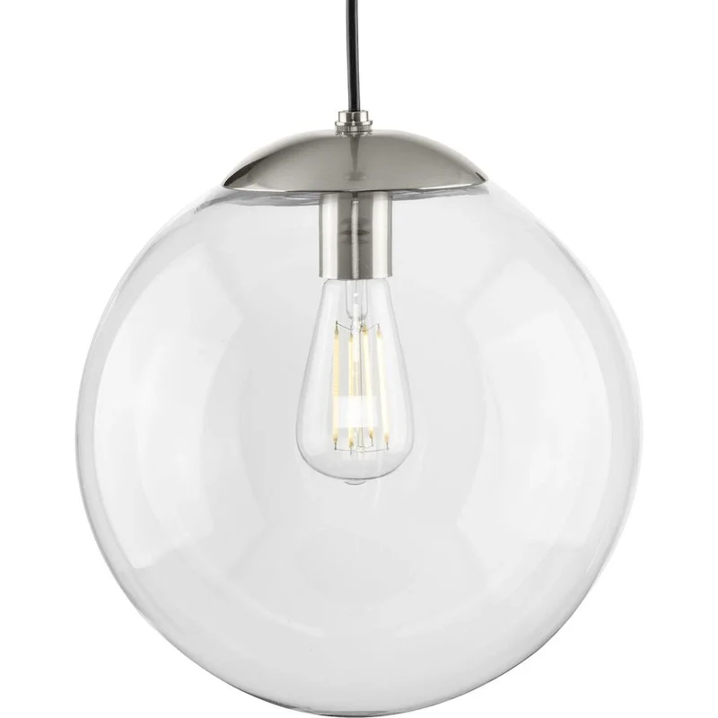 Atwell Collection 1-Light Clear Glass Brushed Nickel Large Pendant - 12 in x 12 in x 12.5 in
