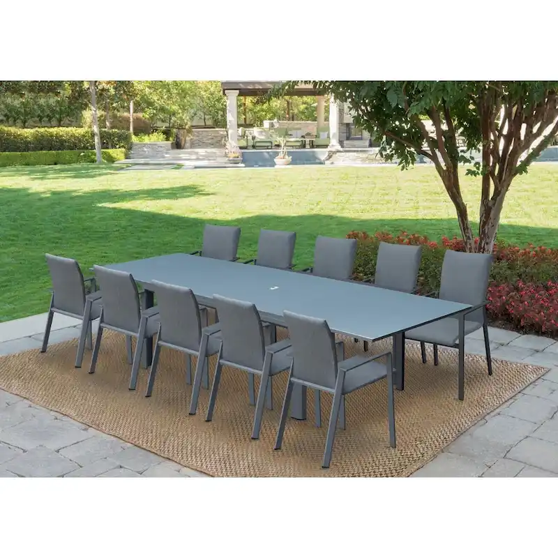 Tropea Dark Grey 11-Piece Aluminum Outdoor Dining Set with Sling Set in Midnight Grey - N/A