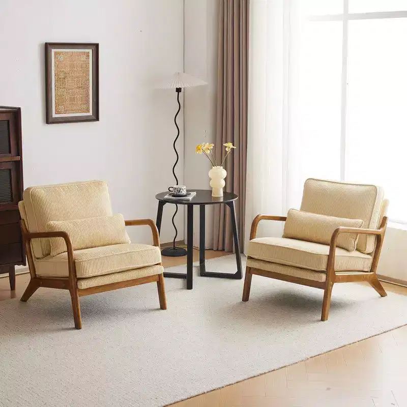 Karl Home 2Pcs Mid Century Solid Wood Accent Chair Upholstered Armchair with an Extra Pillow