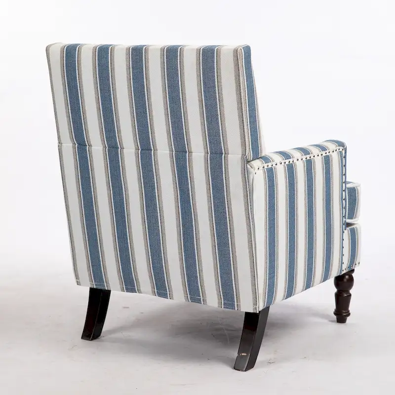 Accent Armchair, Blue & White Stripe Linen Upholstery, High-Density Foam, Solid Wood Frame, Turned Legs, Blue, 1-Person Use