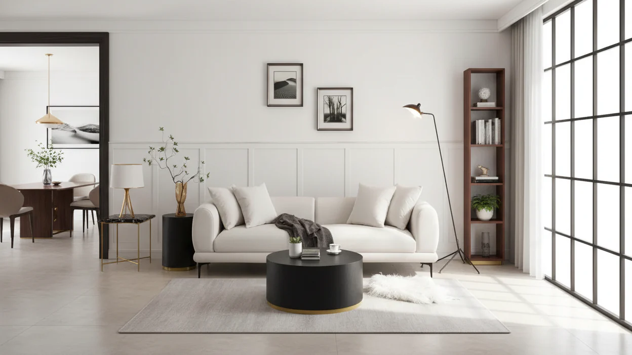 Fabric Sofa with Recessed Arms & Metal Legs – Blue / Beige, Mid-Century Modern, Seats 4