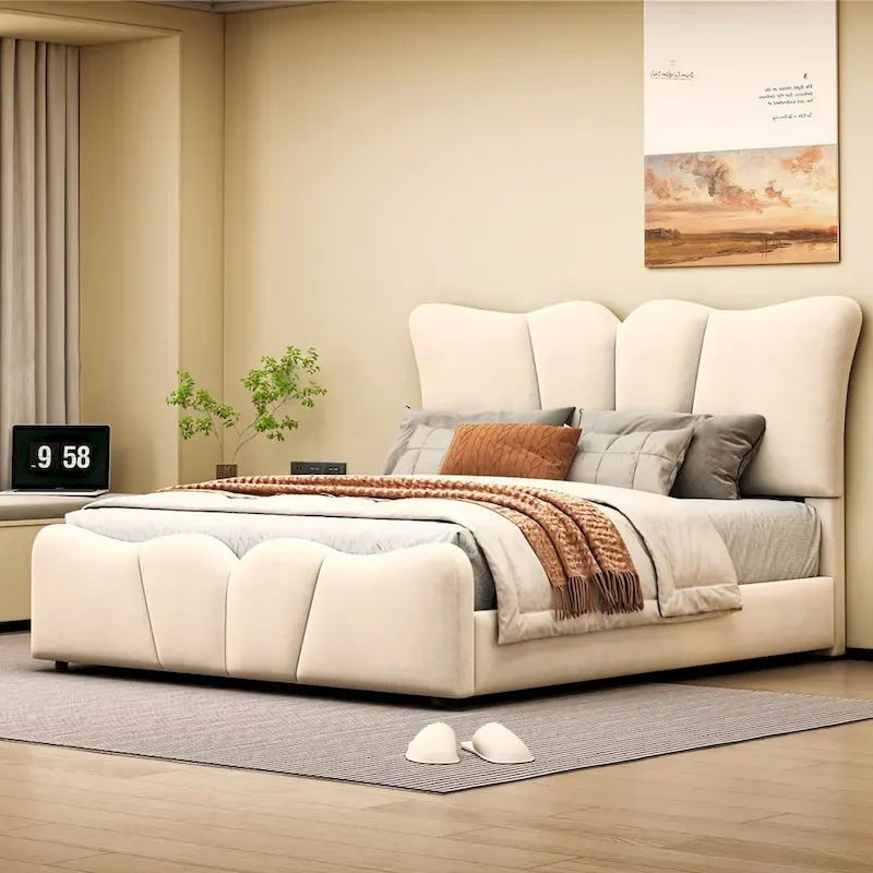 Beige/Grey Velvet Upholstered Platform Bed, Twin/Full, for 1