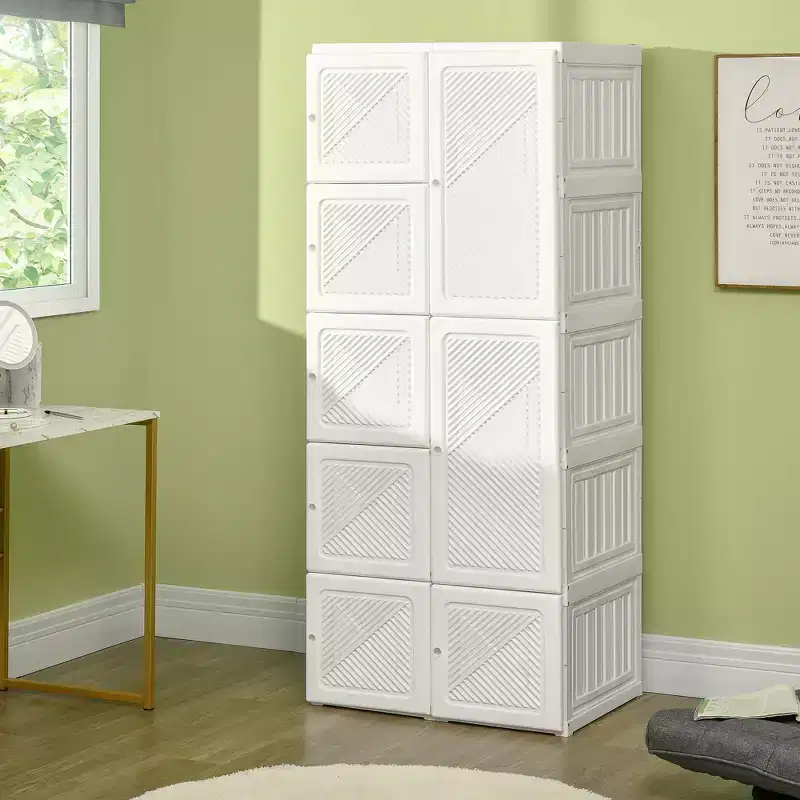 HOMCOM Portable Wardrobe Closet, Bedroom Armoire, Foldable Clothes Organizer with Cube Storage, Hanging Rods, and Magnet Doors, White