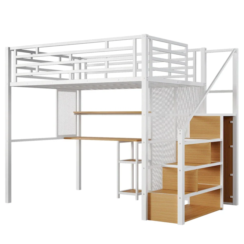White Full Size Metal Loft Bed with Wardrobe, Desk & Storage Shelves | Space-Saving