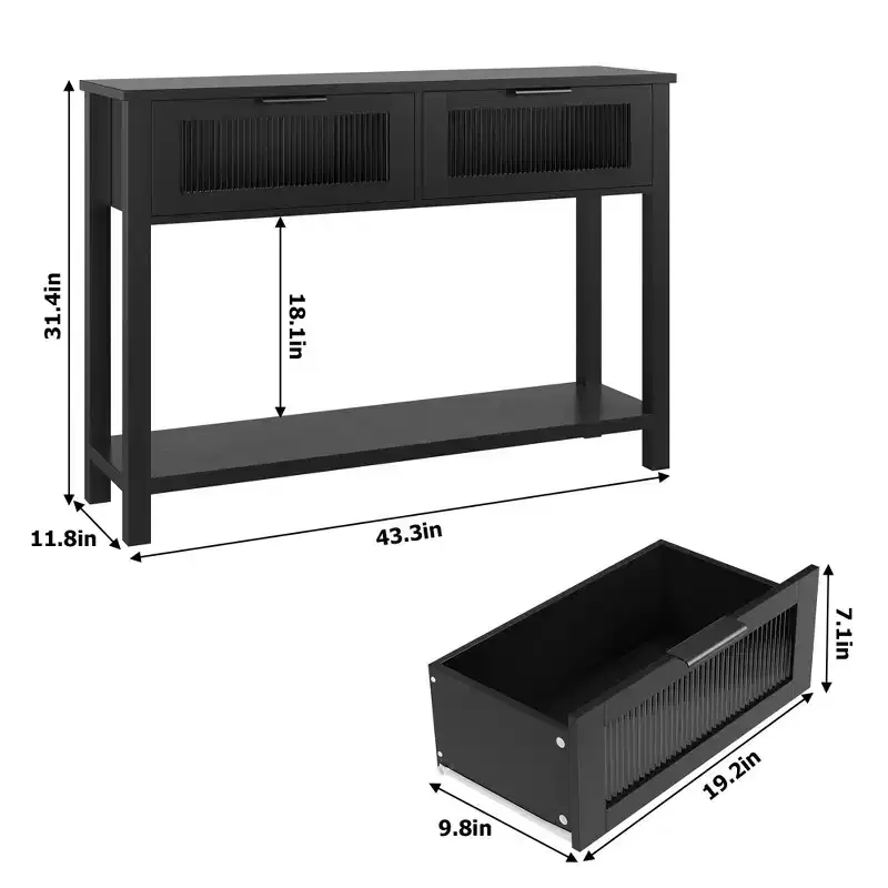 43'' Modern Narrow Console Table with 2 Glass Drawers - 2-Tier Storage Sofa Table for Entryway, Living Room, Hallway & Foyer