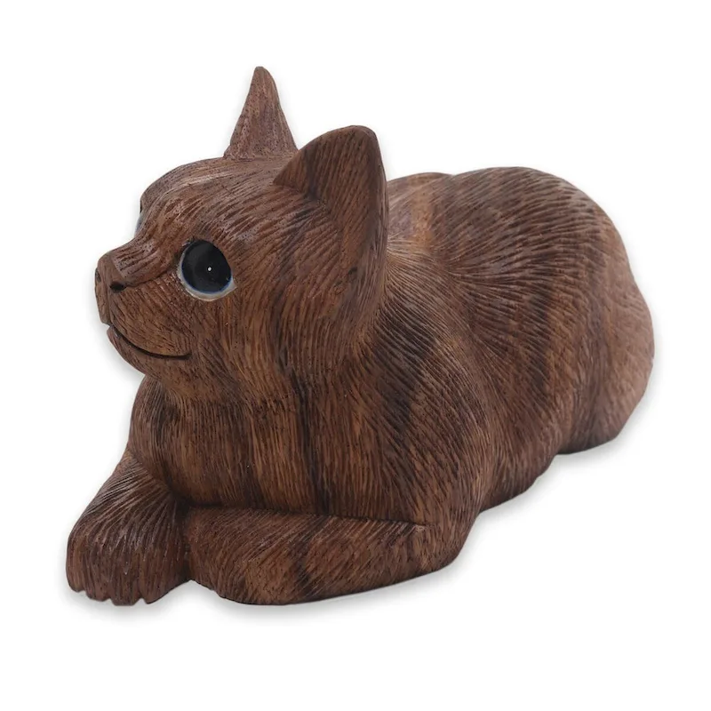 Novica Handmade Long Haired Cat Wood Sculpture