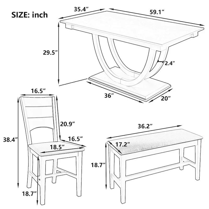 Solid Wood Dining with Half-Round Legs, 4 Chairs & Bench – Natural / Grey, Seats 6