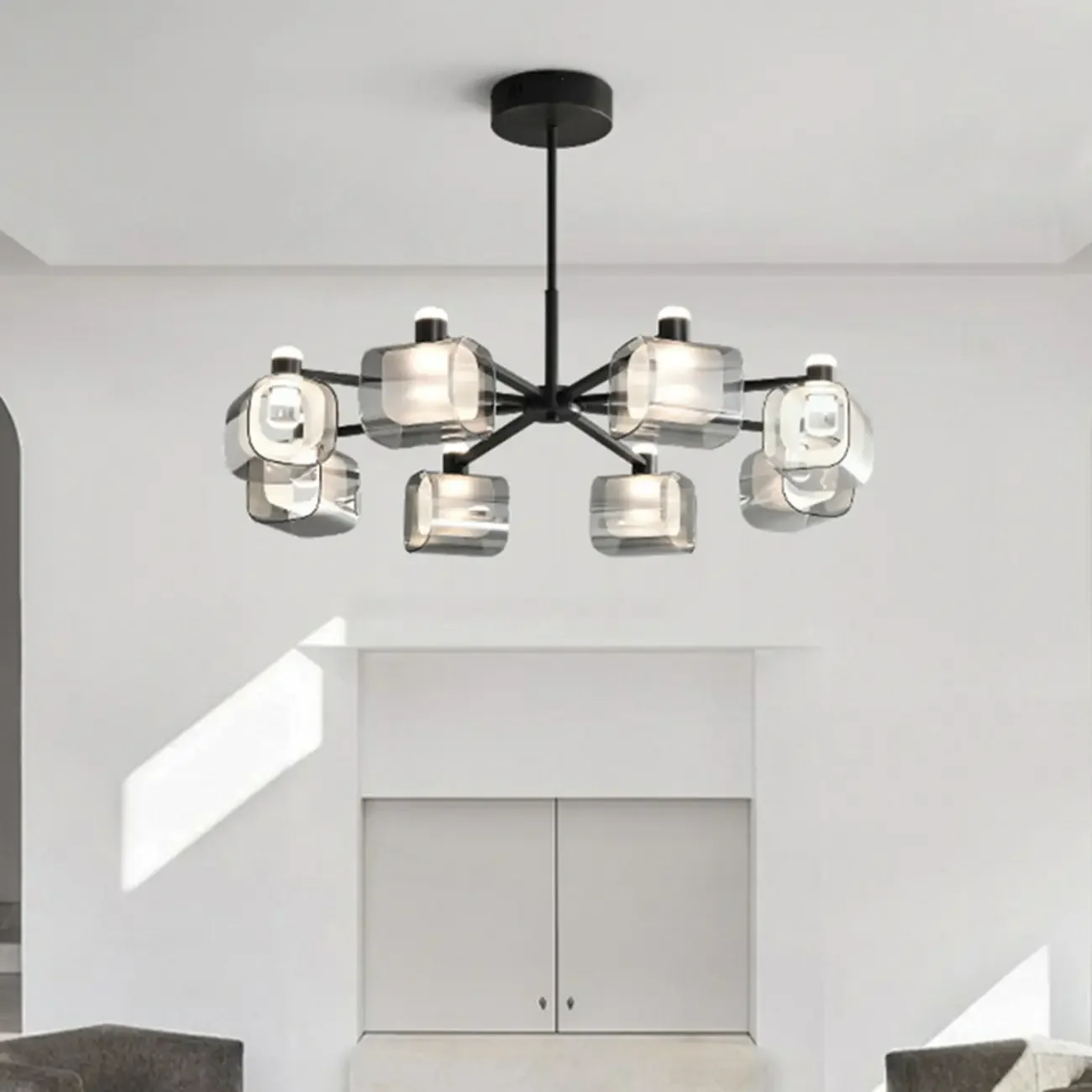 Geometric Adjustable Black Metal Clear Glass Chandelier