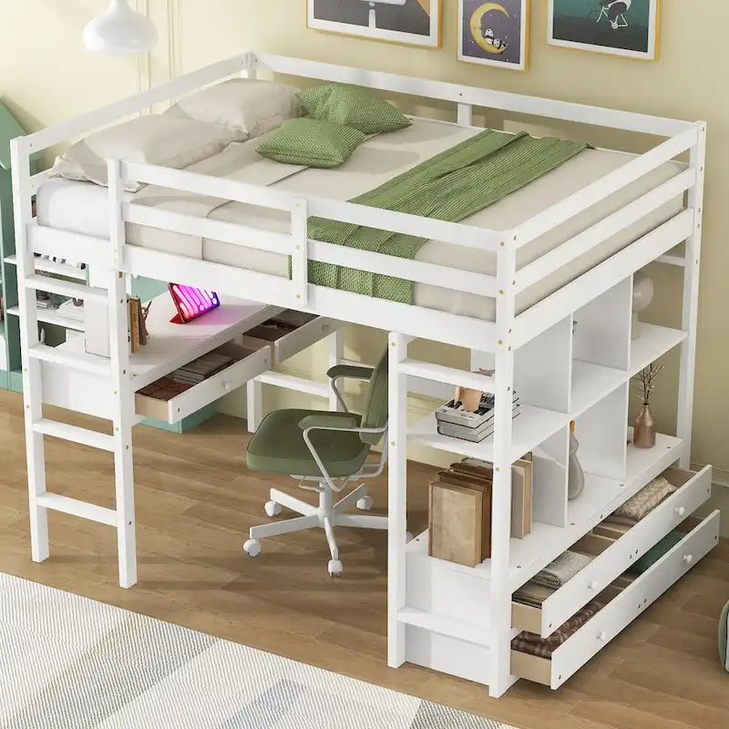 White Full Loft Bed with Desk & Drawers, Pine Wood, Single