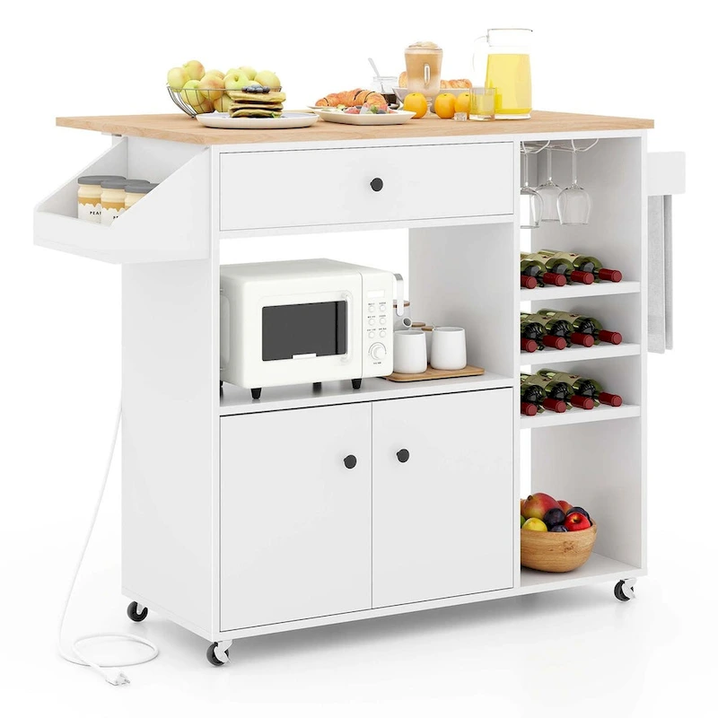 Rolling Kitchen Cart Kitchen Island Cart w/ Drop-Leaf & Power Outlet