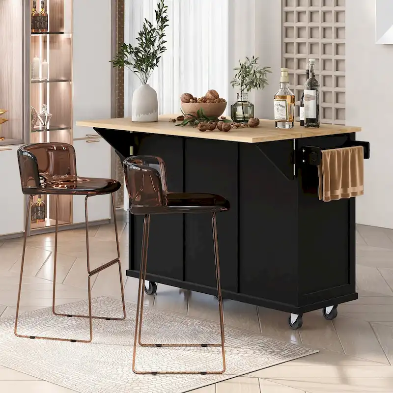 Rubber Wood Drop-Leaf Kitchen Cart with Internal Storage Racks and Rolling Casters