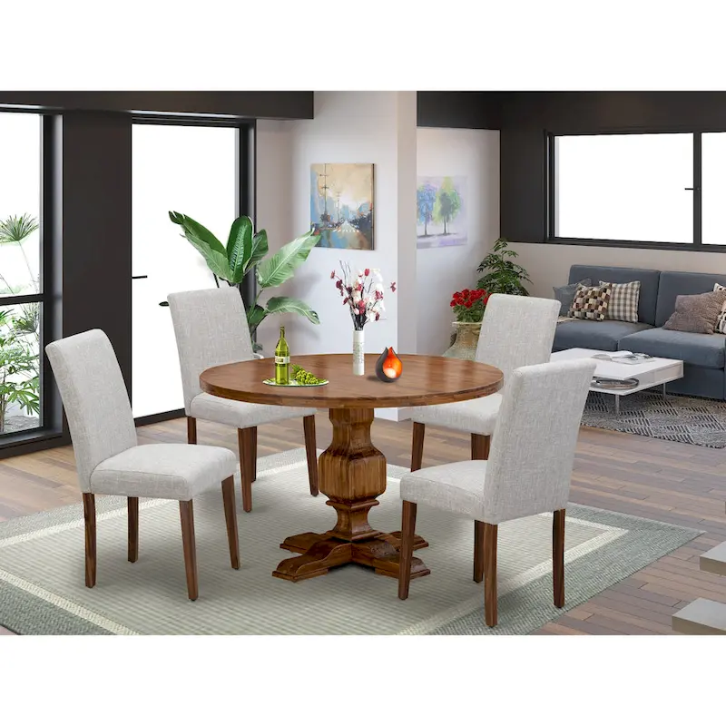 East West Furniture Dining Table Set- a Round Dining Table and Doeskin Parson Chairs, Antique Walnut (Pieces Option)