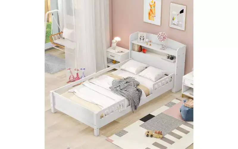 TUYOHW Wooden Twin Size Bed Frame, Platform Bed Frame with LED Storage Headboard & Safety Guardrails, Storage Bed Bookcase Bed