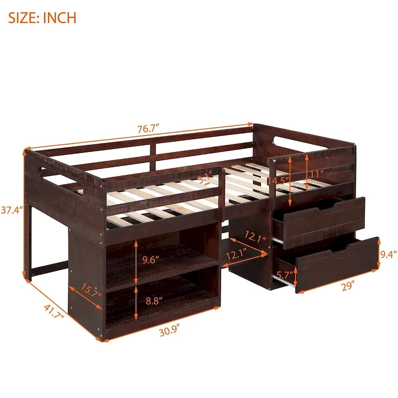 Merax Twin Loft Bed with Two Shelves and Two drawers